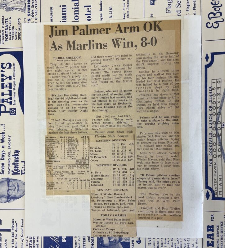 1967 Miami Marlins Minor League Program with Young Jim Palmer - scored