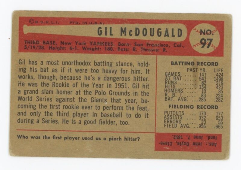 1954 Bowman Gil McDougald Signed Card #97 Auto with B&E Hologram