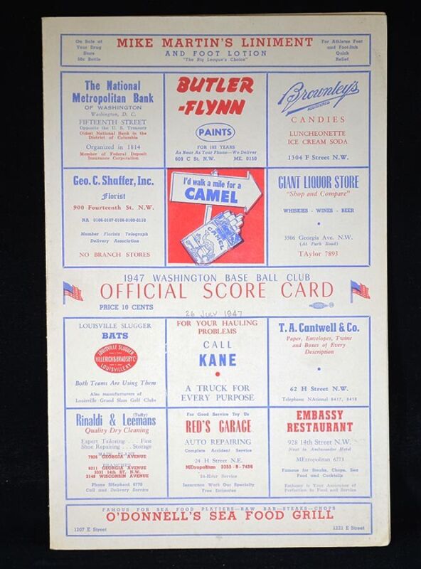 1947 Washington Senators Home Game Program vs. Cleveland 7/26/47