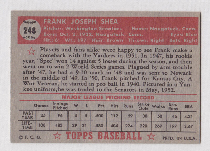 Frank “Spec” Shea Yankees 1952 Topps Card #248 EX-MT o/c