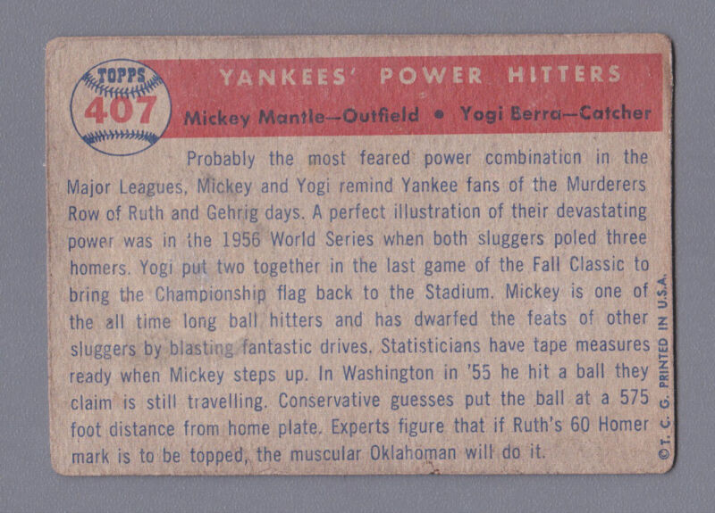 1957 Topps Card #407 Mickey Mantle & Yogi Berra Yankee Power Hitters - Low Grade