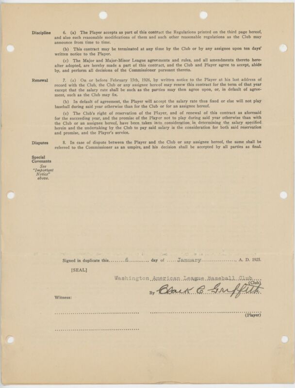 1931 MLB Player O.L. Bluege's Contract Signed by Clark Griffith