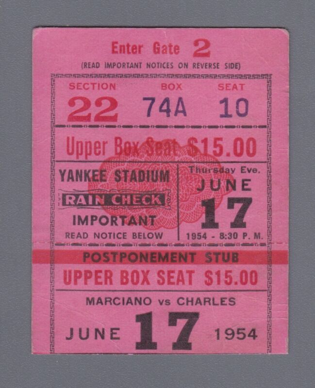 Rocky Marciano vs. Ezzard Charles June 17 1954 Ticket Stub Yankee Stadium