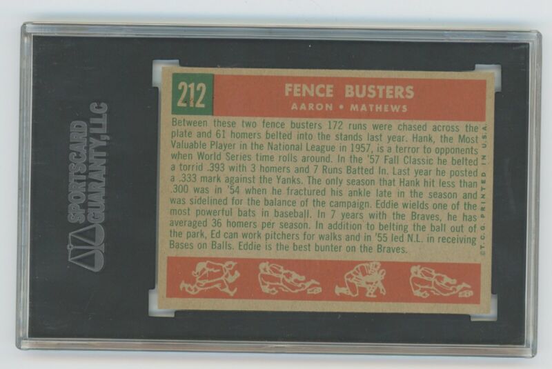 1959 Topps  Fence Busters Hank Aaron and Eddie Mathews #212 SGC 88 NM/MT 8