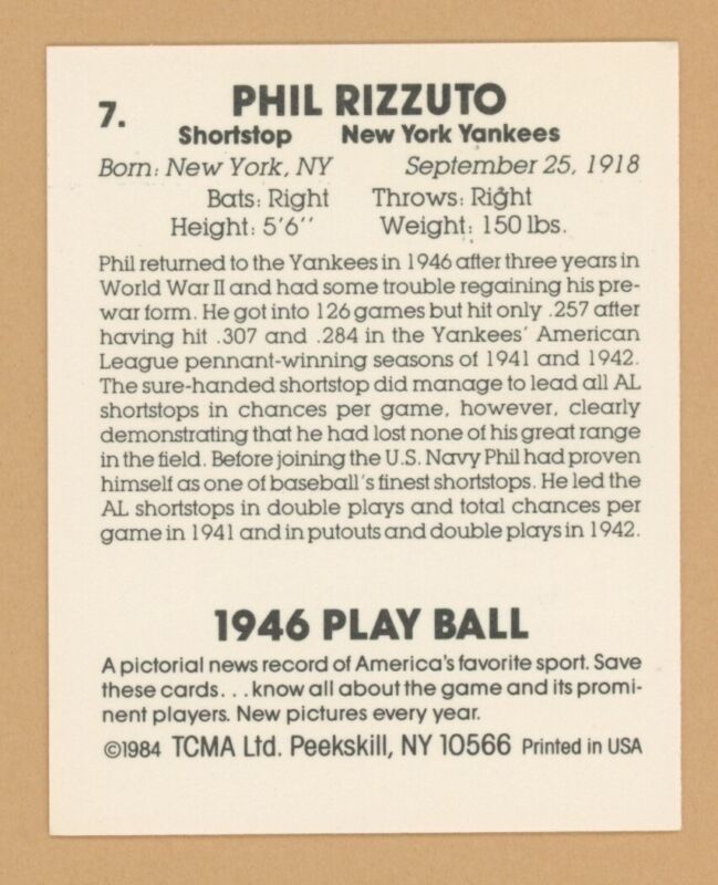 Phil Rizzuto Signed 1984 TCMA 1946 Play Ball Reprint Card #7 with B&E Hologram