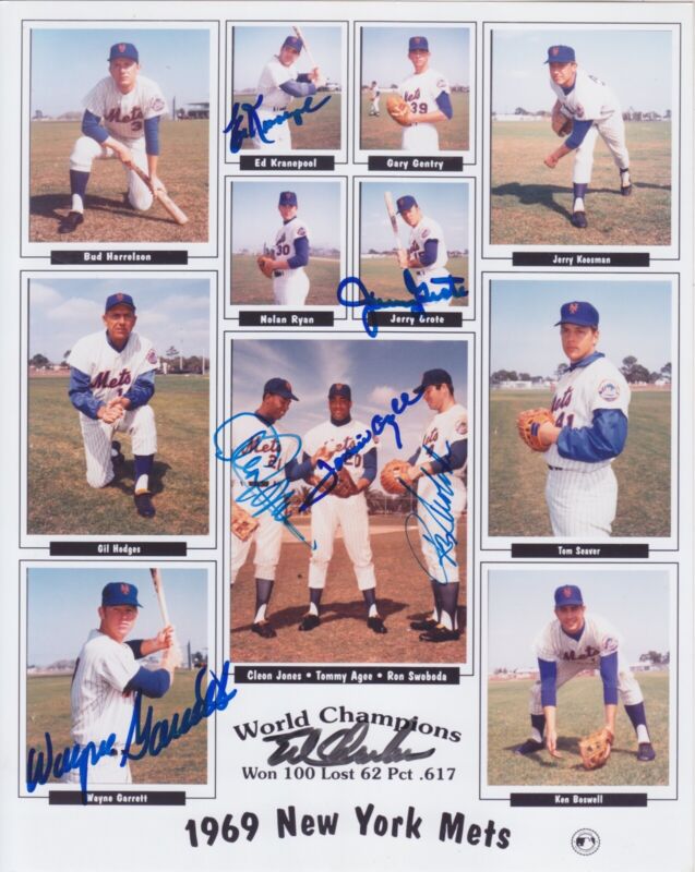 1969 NY Mets Signed 8x10 Combo Photo with 7 Signatures Auto with B&E Hologram