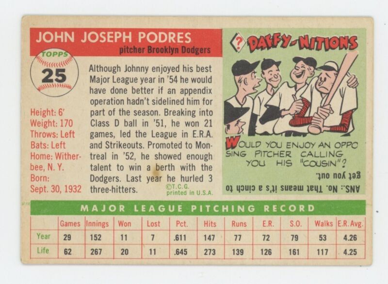 1955 Topps Johnny Podres Signed Card #25 Auto with B&E Hologram