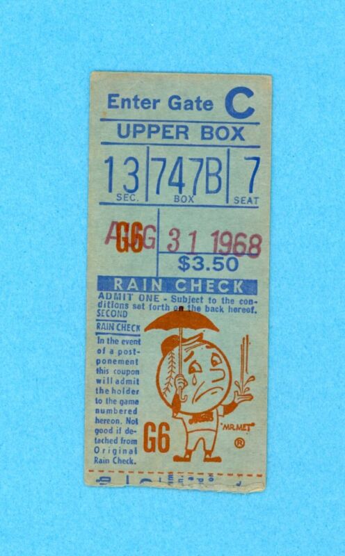 August 31, 1968 Ticket Stub New York Mets vs. St Louis Cardinals Carlton Shutout