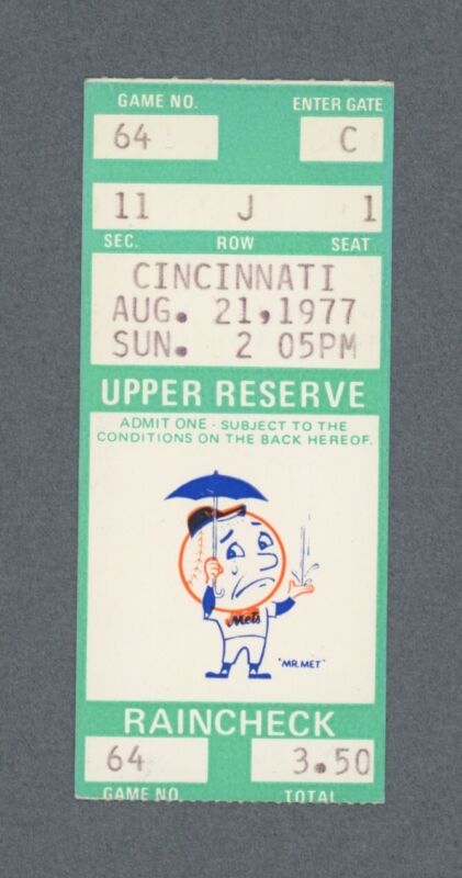 Tom Seaver’s Return to Shea Stadium August 21, 1977 Ticket Stub • He Won 5-1