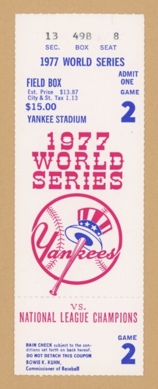 1977 World Series Game 2 at NY Yankees NM Ticket Stub - Dodgers beat Yankees