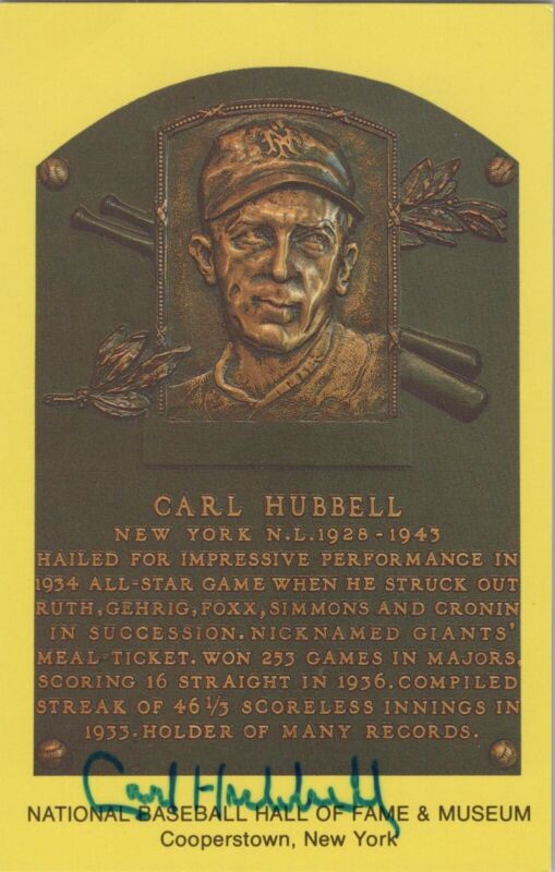 Carl Hubbell Signed Yellow HOF Plaque with B&E Hologram