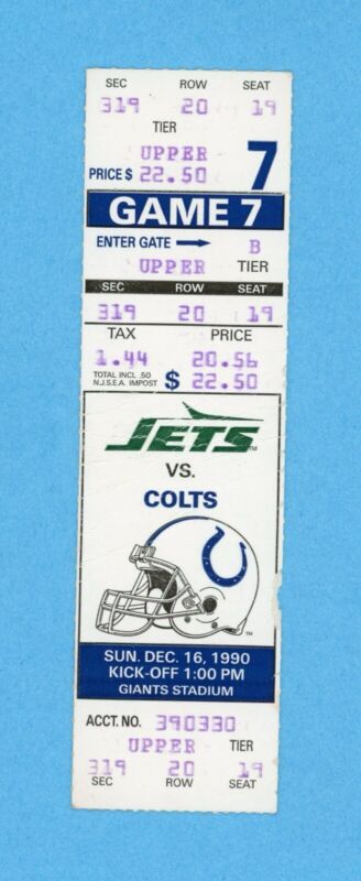 12/16/90 Indianapolis Colts at New York Jets Full Ticket