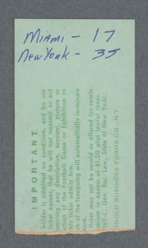 12/1/68 • Miami Dolphins vs New York Jets AFL Ticket Stub