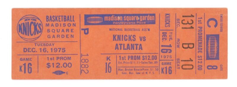 Dec 16, 1975 New York Knicks vs Atlanta Hawks at MSG Full Ticket