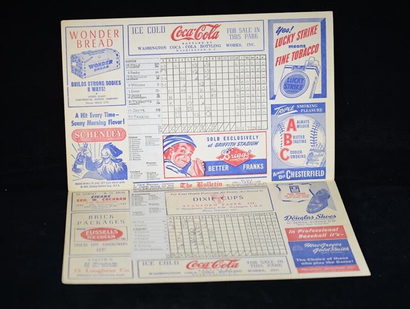 1947 Washington Senators Home Game Program vs. Boston 8/5/47 with Ted Williams