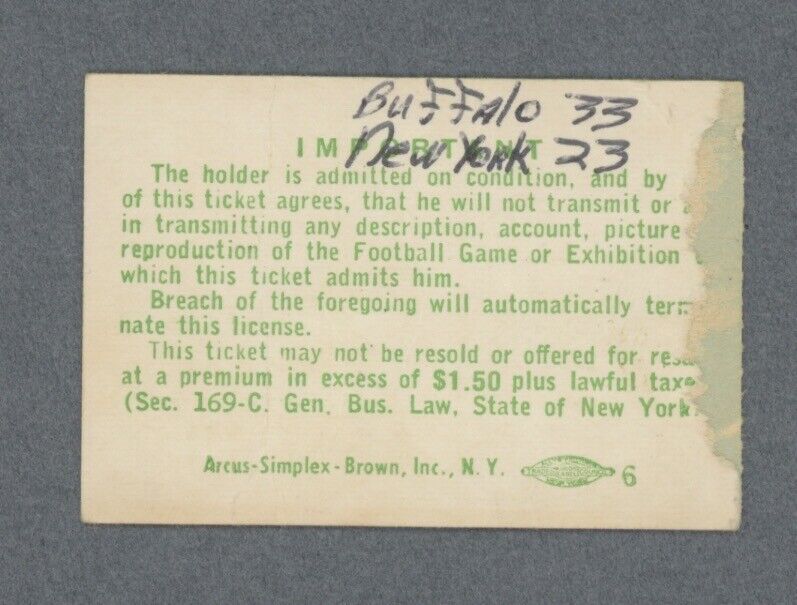 10/30/66 • Buffalo Bills vs New York Jets AFL Ticket Stub