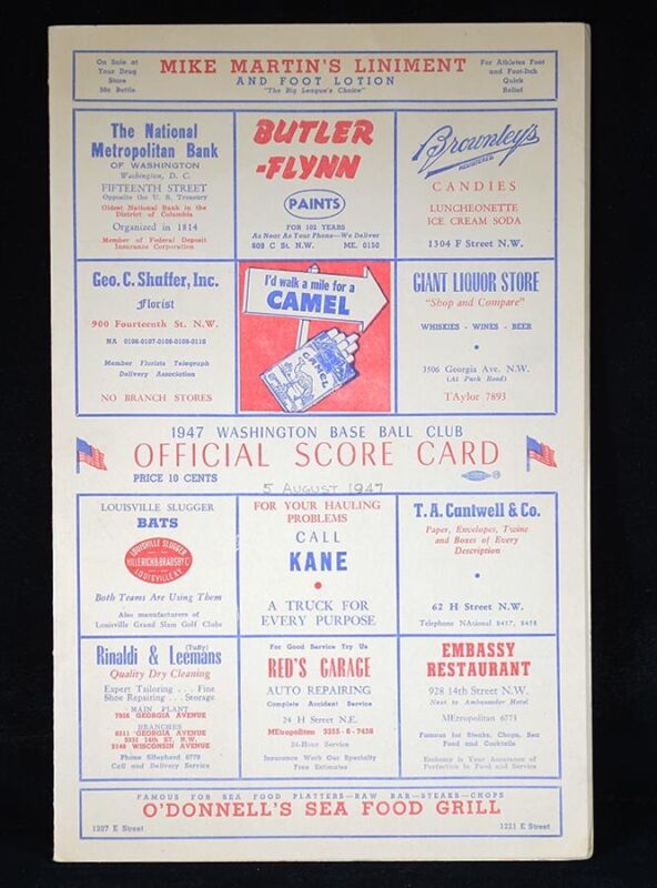 1947 Washington Senators Home Game Program vs. Boston 8/5/47 with Ted Williams