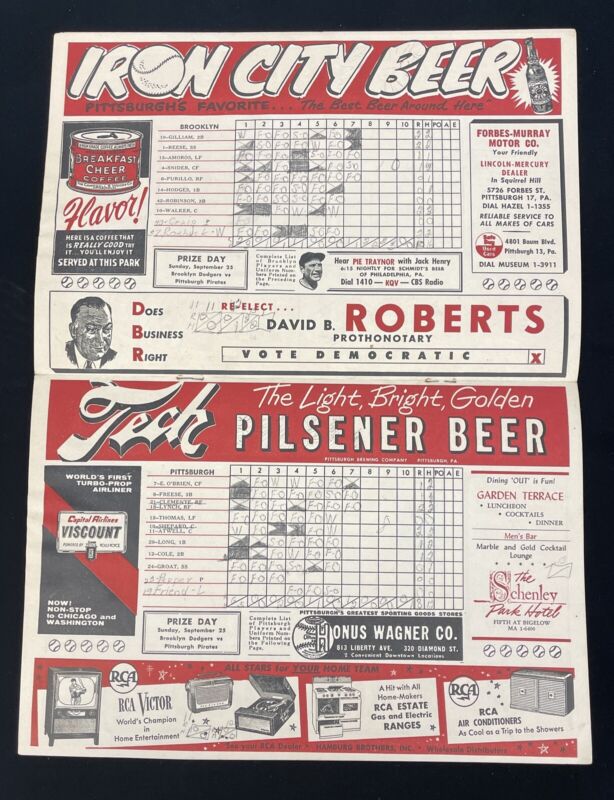 1955 Pitts Pirates Game Program vs. Brooklyn Dodgers with Clemente & Robinson