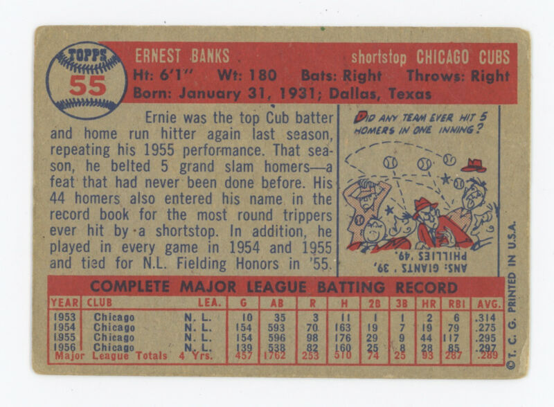 Ernie Banks 1957 Topps Card #55 - Low Grade Creasing