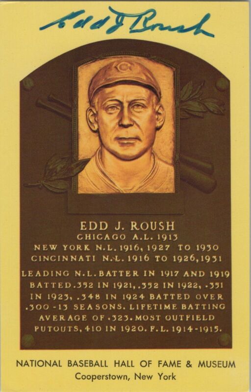 Edd Roush Signed Yellow HOF Plaque with B&E Hologram