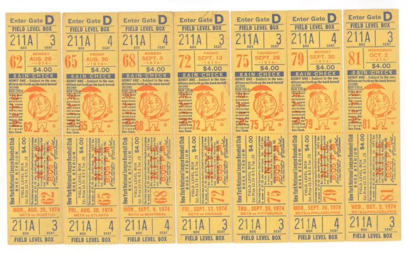 Lot of 13 Different New York Mets 1974 Shea Stadium UNUSED FULL Tickets