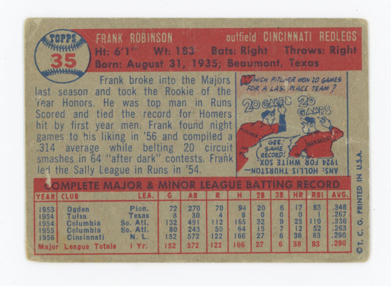 Frank Robinson Rookie 1957 Topps Card #35 - Low Grade Creasing