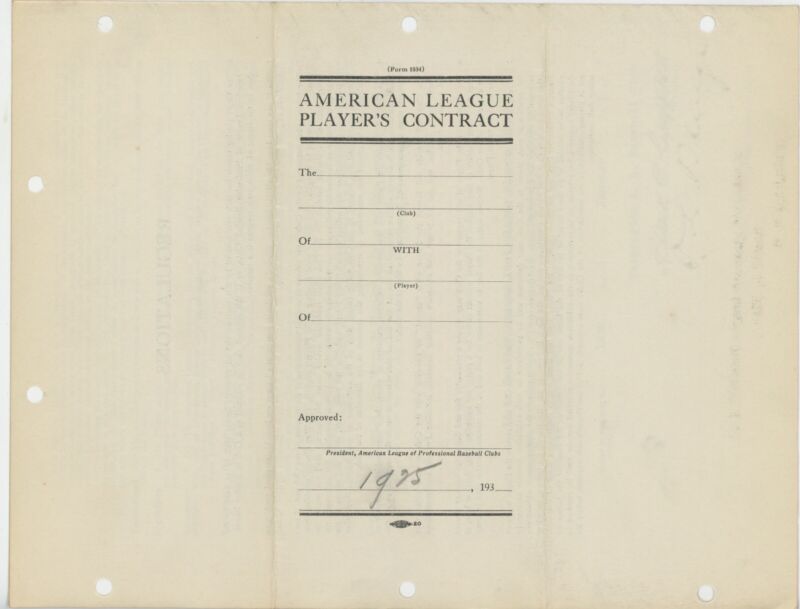 1935 MLB Player Contract Signed by Clark Griffith and O.L. Bluege