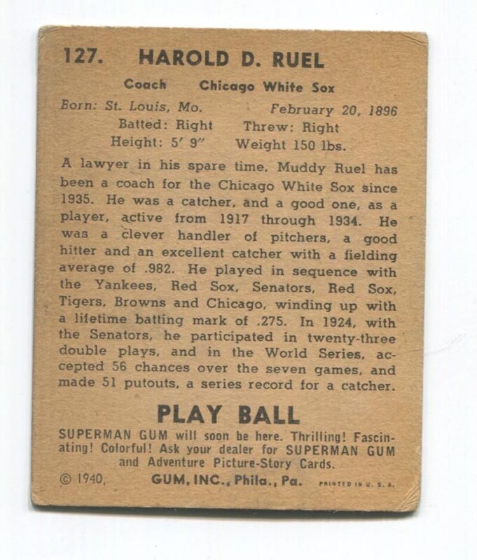 1940 Play Ball #127 Harold “Muddy” Ruel VG 