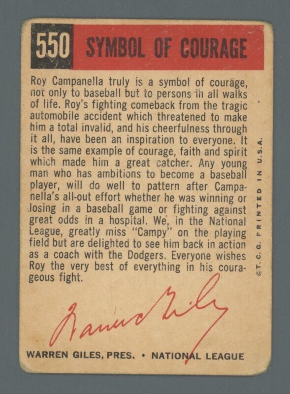 1959 Topps Card #550 Roy Campanella Symbol of Courage - Low Grade - Hi #