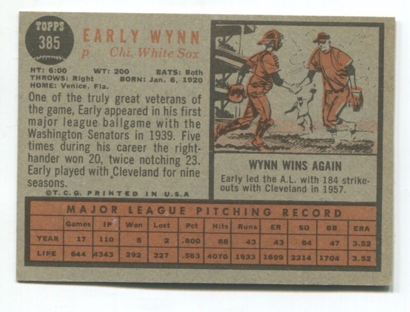 1962 Topps #385 Early Wynn  EX/MT