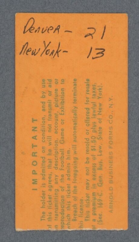 10/13/68 • Denver Broncos vs New York Jets AFL Ticket Stub