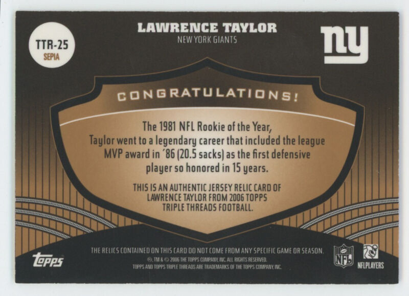 Lawrence Taylor 2006 Topps Football Triple Threads 07/27 TTR-25 Game Used Jersey