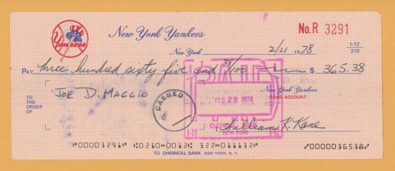 Joe DiMaggio NY Yankees Official 1978 Check Signed by His Sister