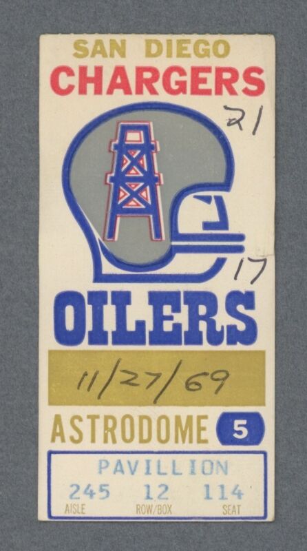 11/27/69 San Diego Chargers vs Houston Oilers at the Astrodome AFL Ticket Stub