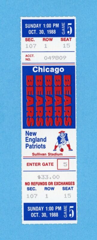 10/30/88 Chicago Bears at New England Patriots Full Ticket