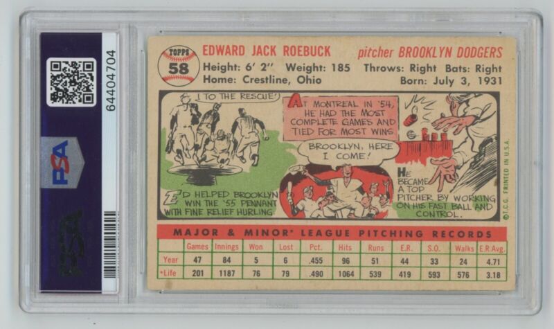 1956 Topps Ed Roebuck White Back #58 PSA 4 VG-EX (MK)