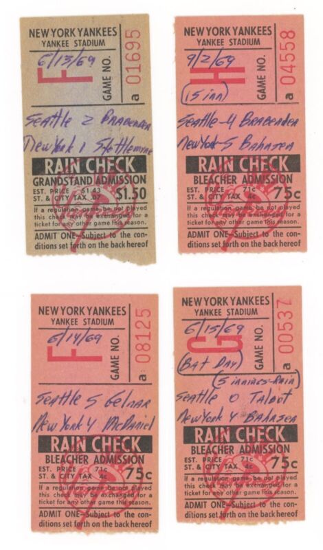 Lot of 4 Seattle Pilot 1969 Ticket Stubs at Yankee Stadium