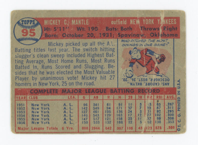 Mickey Mantle 1957 Topps Card #95 - Low Grade Creasing