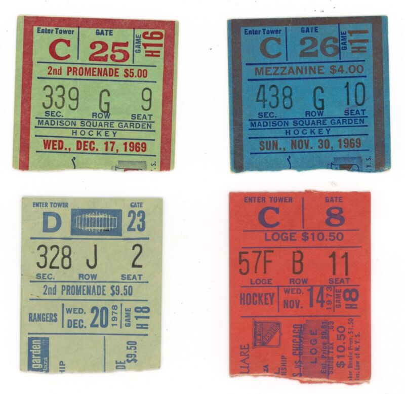 Lot of 4 New York Rangers Hockey Ticket Stubs 69, 69, 73, 78