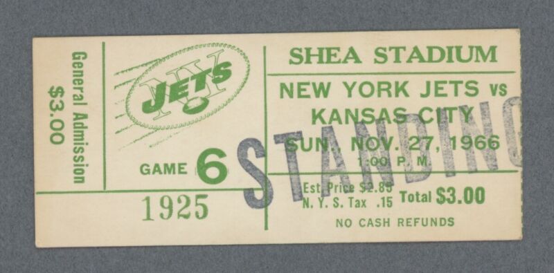 11/27/66 • Kansas City Chiefs vs New York Jets AFL Ticket Stub