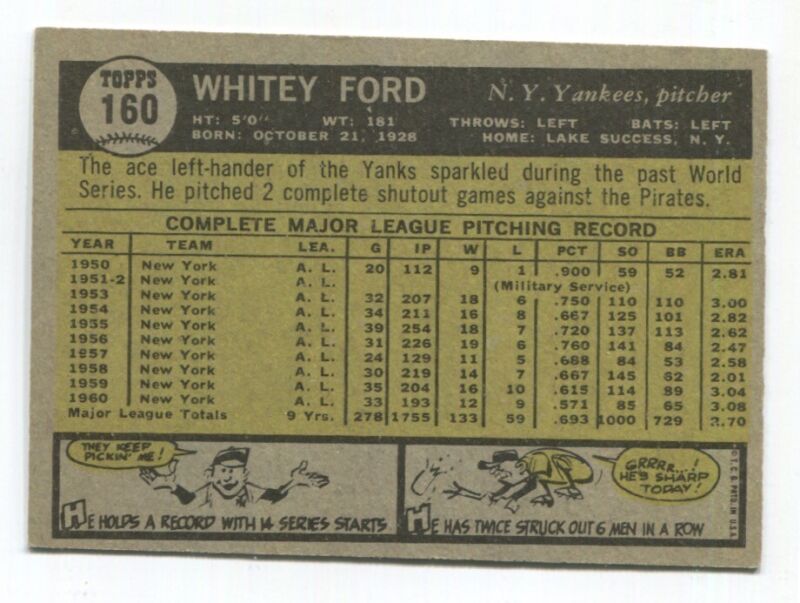 1961 Topps Card #160 Whitey Ford EX-MT diamond cut