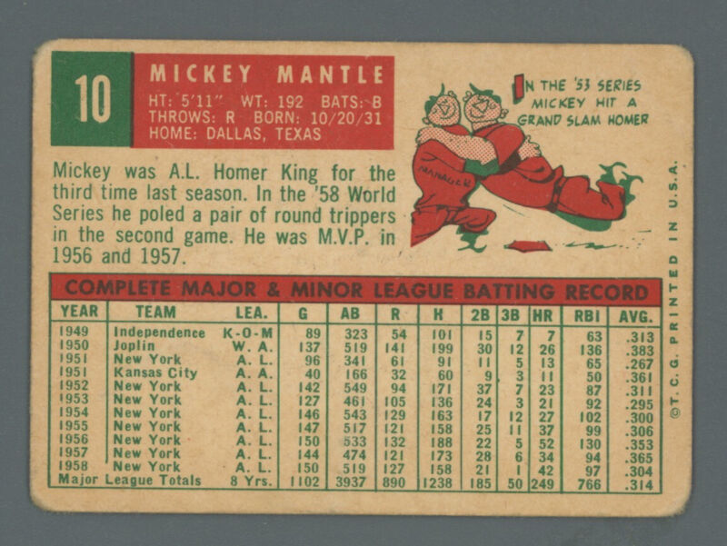 1959 Topps Card #10 Mickey Mantle - Low Grade