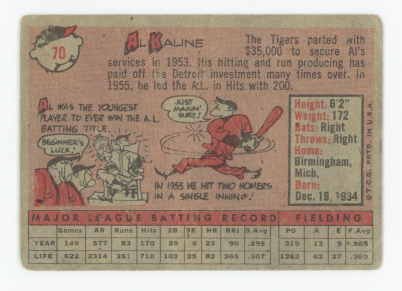 Al Kaline 1958 Topps Card #70 - Low Grade