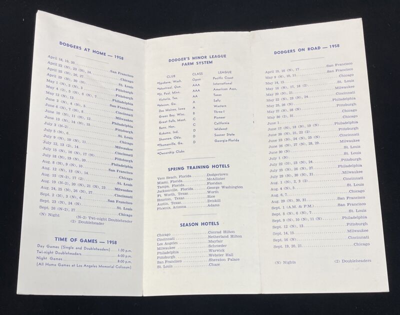 1958 L.A. Dodgers Roster and Spring Itinerary - Walt Alston Cover