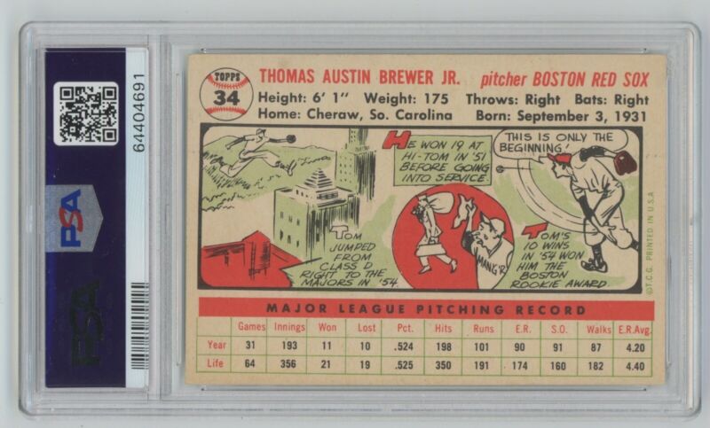 1956 Topps Tom Brewer White Back #34 PSA 5 EX