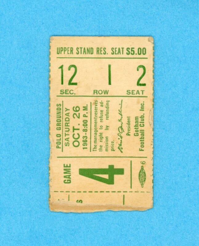 Oct. 26, 1963 AFL Ticket Stub New York Jets vs. Denver Broncos 35-35 tie