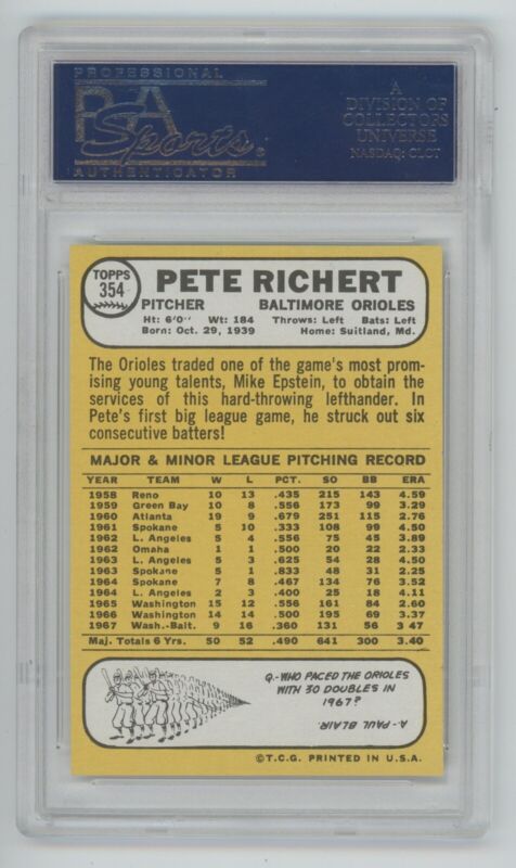 1968 Topps Pete Richert PSA 8 NM-MT Card #354