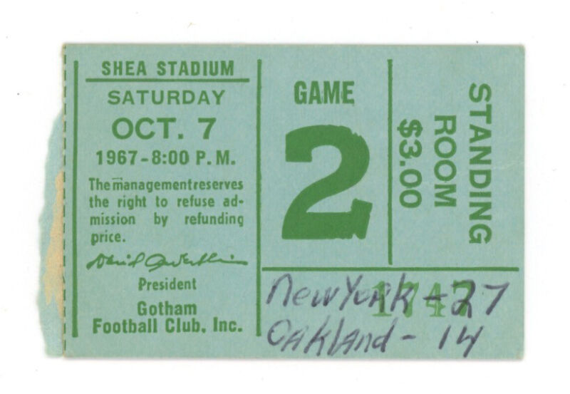 10/7/67 • Oakland Raiders vs New York Jets AFL Ticket Stub