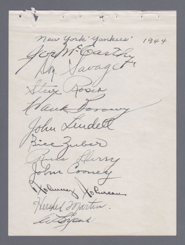 ’44 Yankees Autograph Page 11 Sigs with McCarthy, Lyons, Savage,  etc. JSA LOA