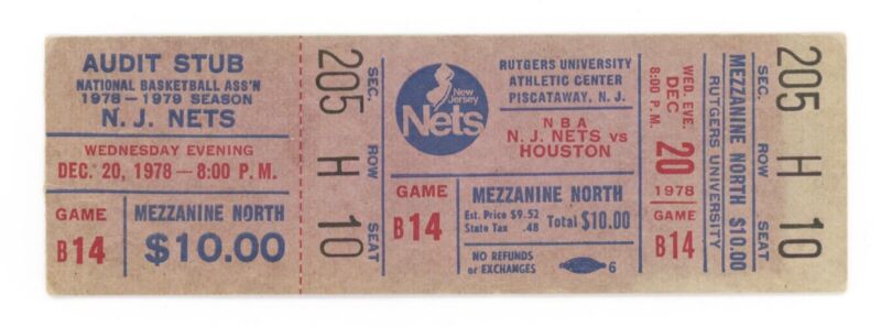 Dec 20, 1978 New Jersey Nets vs Houston Rockets at Rutgers Full Ticket